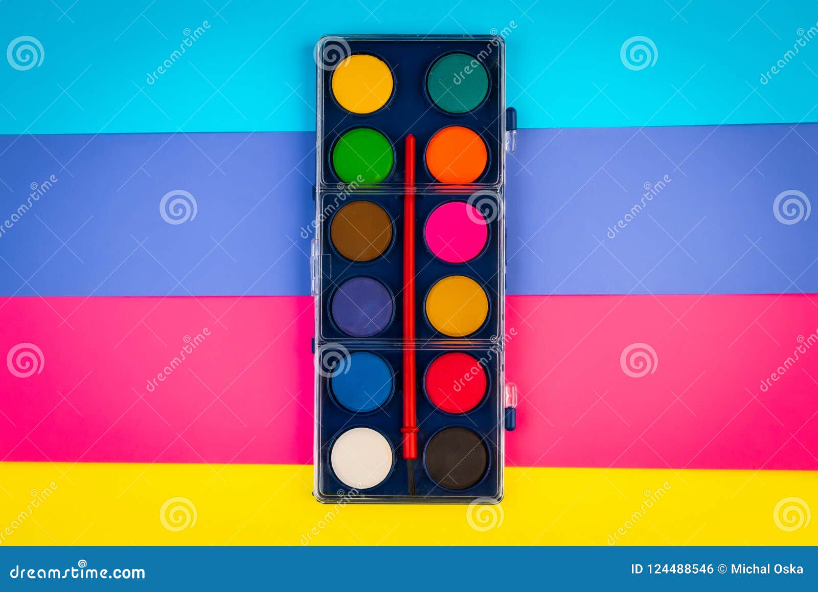Box With Watercolors On Colored Sheets Of Paper Stock Photo - Image of blue, colours: 124488546